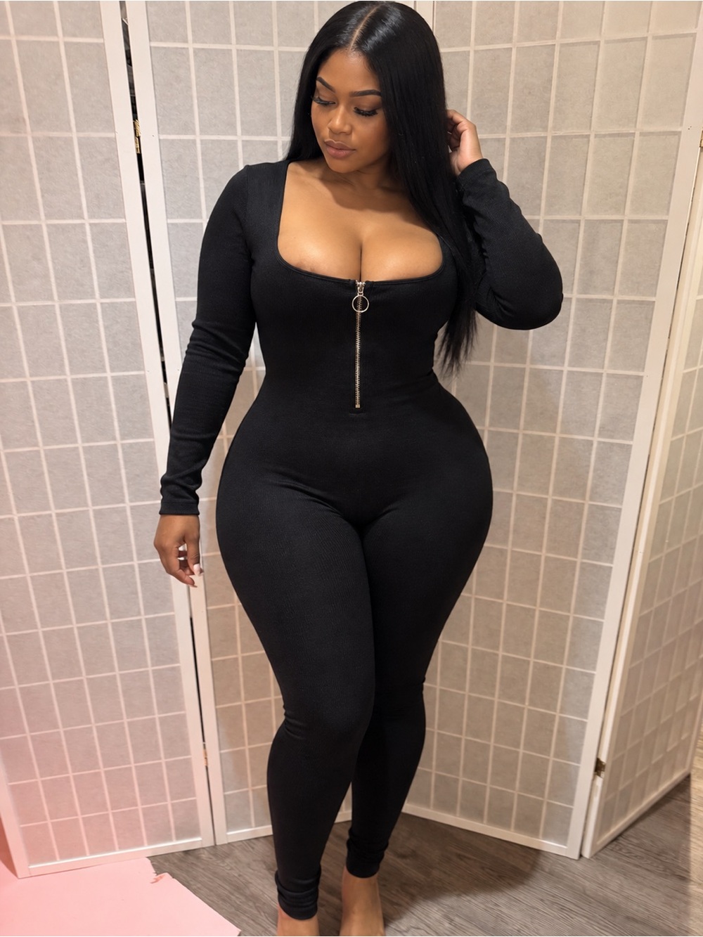 Black Long-Sleeve Zip-Front Bodysuit Size 4XL
